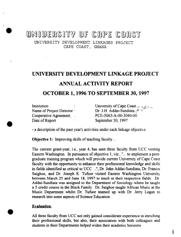University of Cape Coast : university development linkage project annual activity report, October 1, 1996 to September 30, 1997