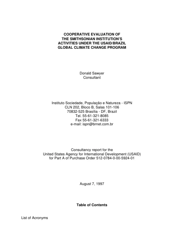 Cooperative evaluation of the Smithsonian Institution"s activities under the USAID/Brazil global climate change program