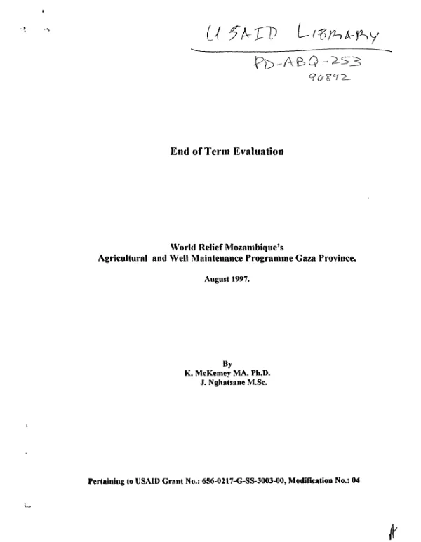End of term evaluation : World Relief Mozambique"s agricultural and well maintenance programme Gaza Province