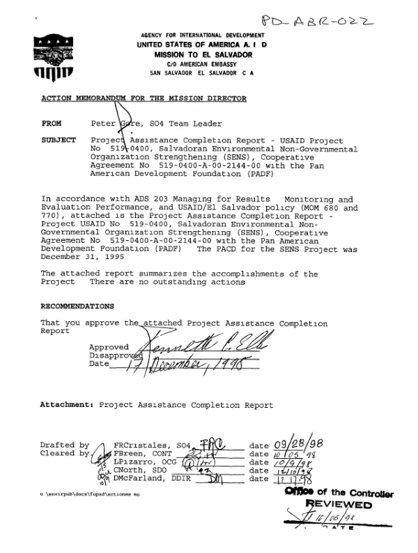 Project assistance completion [report] : USAID project no. 519-0400 -- Salvadoran environmental non-governmental organization strengthening (SENS) : cooperative agreement no. 519-0400-A-00-2144-00 with the Pan American Development Foundation (PADF)