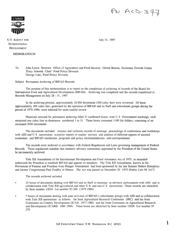 Permanent archiving of BIFAD records : shelf lists -- documents covering period of 1975-1994