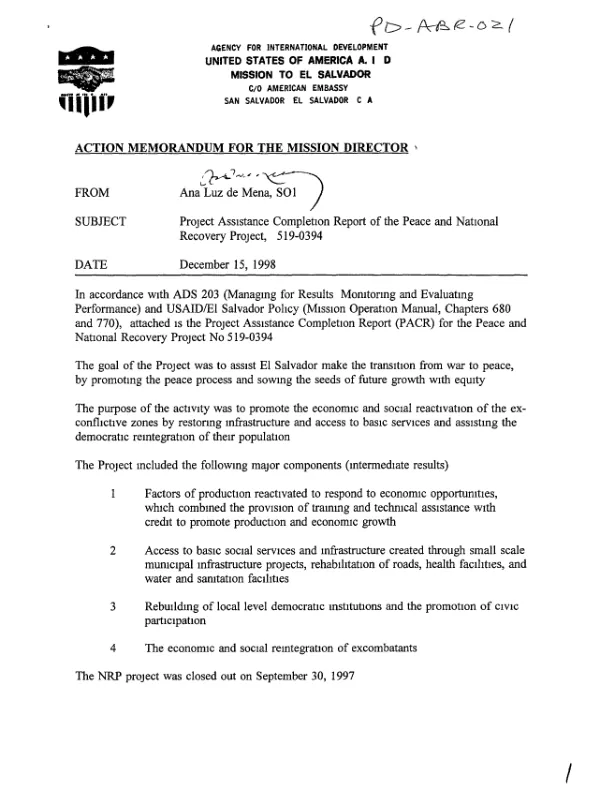 Project assistance completion report of the peace and national recovery project, 519-0394