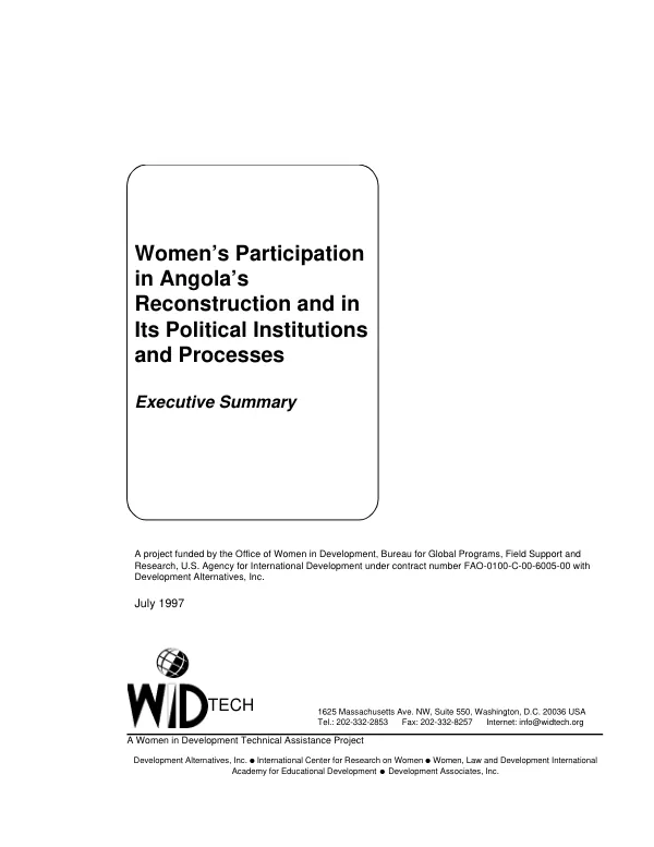 Women"s participation in Angola"s reconstruction and in its political institutions and processes : executive summary