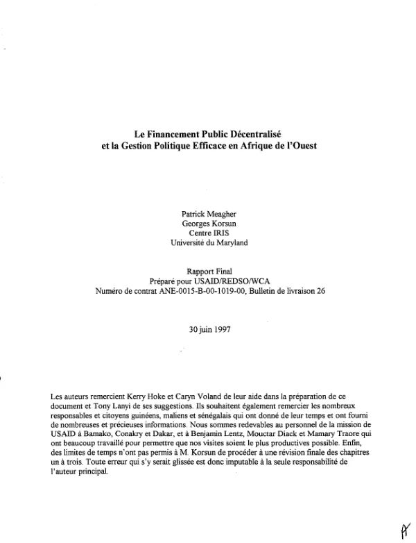 Financement public decentralise et la gestion politique efficace en Afrique de l"Ouest