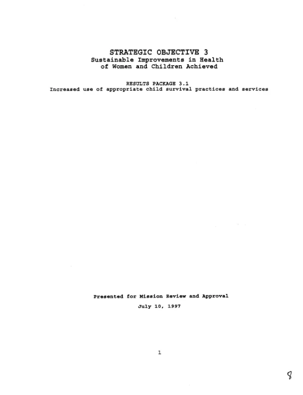 Strategic objective 3 -- sustainable improvements in health of women and children achieved : results package 3.1 -- increased use of appropriate child survival practices and services