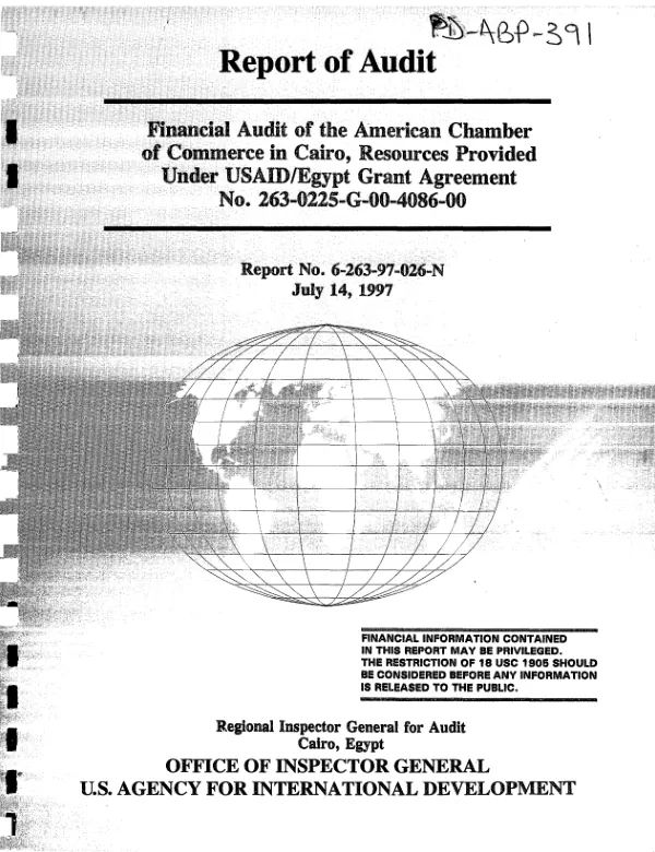 Financial audit of the American Chamber of Commerce in Cairo, resources provided under USAID/Egypt grant agreement no. 263-0225-G-00-4086-00