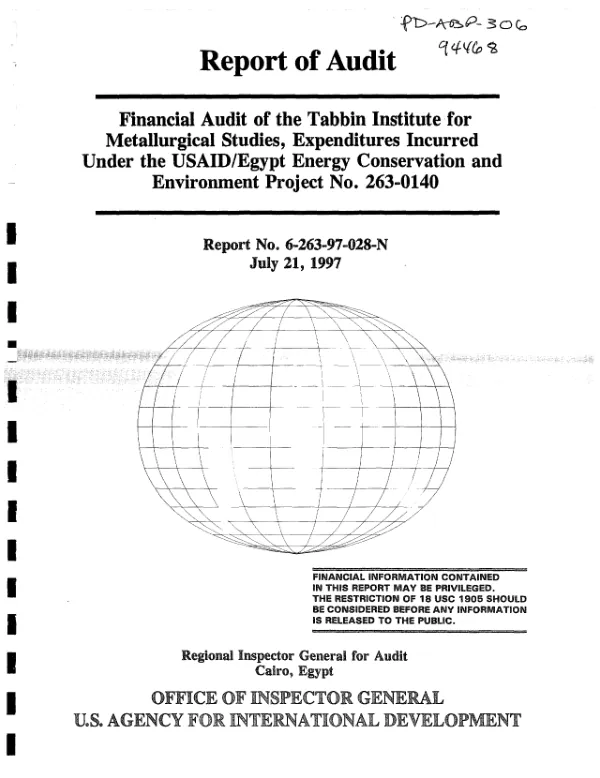 Financial audit of the Tabbin Institute for Metallurgical Studies, expenditures incurred under the USAID/Egypt energy conservation and environment project no. 263-0140