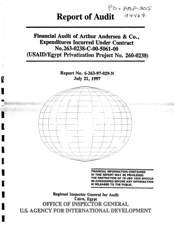 Financial audit of Arthur Andersen & Co., expenditures incurred under contract no. 263-0238-C-00-5061-00 (USAID/Egypt privatization project no. 260-0238)
