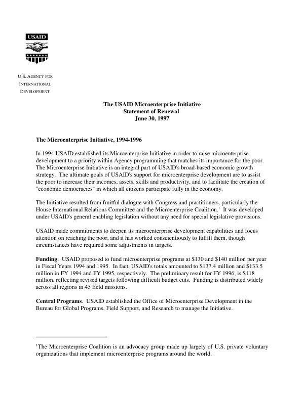 The USAID microenterprise initiative : statement of renewal