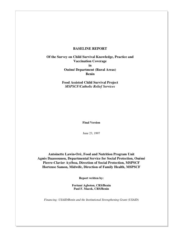 Baseline report of the survey on child survival knowledge, practice and vaccination coverage in Oueme Department (rural areas), Benin -- final version
