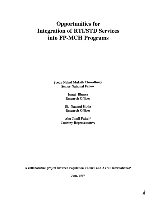 Opportunities for integration of RTI/STD [reproductive tract infection/sexually transmitted diseases] services into FP-MCH [family planning-maternal and child health] programs