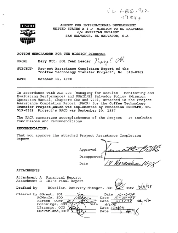 Project assistance completion report of the 'coffee technology transfer project' no. 519-0362