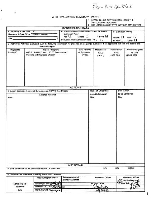 Assistance to orphans and displaced children : Salesian Missions, Ciudad de Los Ninos, Santa Ana, El Salvador -- AID grant #519-0410-G-00-3120-00 : final evaluation