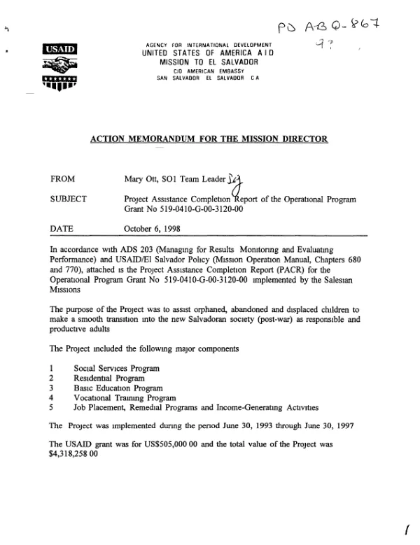 Project assistance completion report of the operational program grant no. 519-0410-G-00-3120-00