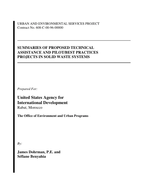 Summaries of proposed technical assistance and pilot/best practices projects in solid waste systems