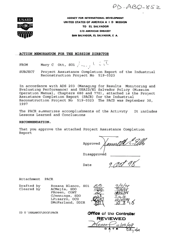 Project assistance completion report of the industrial reconstruction project no. 519-0323