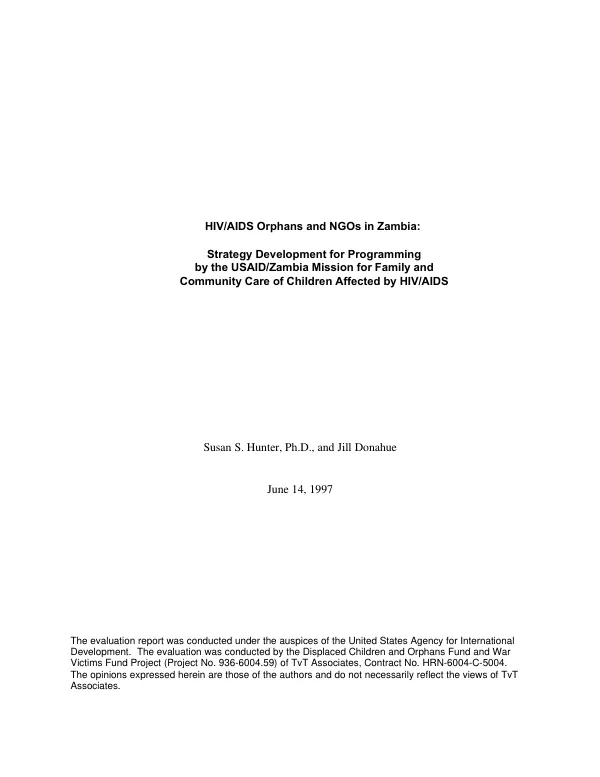 HIV/AIDS orphans and NGOs in Zambia : strategy development for programming by the USAID/Zambia Mission for family and community care of children affected by HIV/AIDS