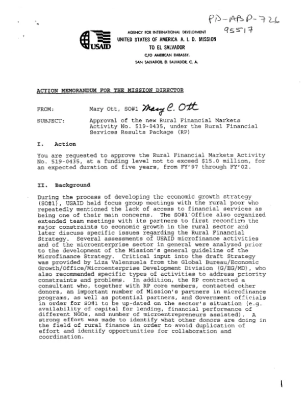 Strategic objective no. 1 : "expanded access and economic opportunity for El Salvador"s rural poor" -- rural financial markets : activity no. 519-0435 -- new activity document : results package no. 3a "rural financial services"