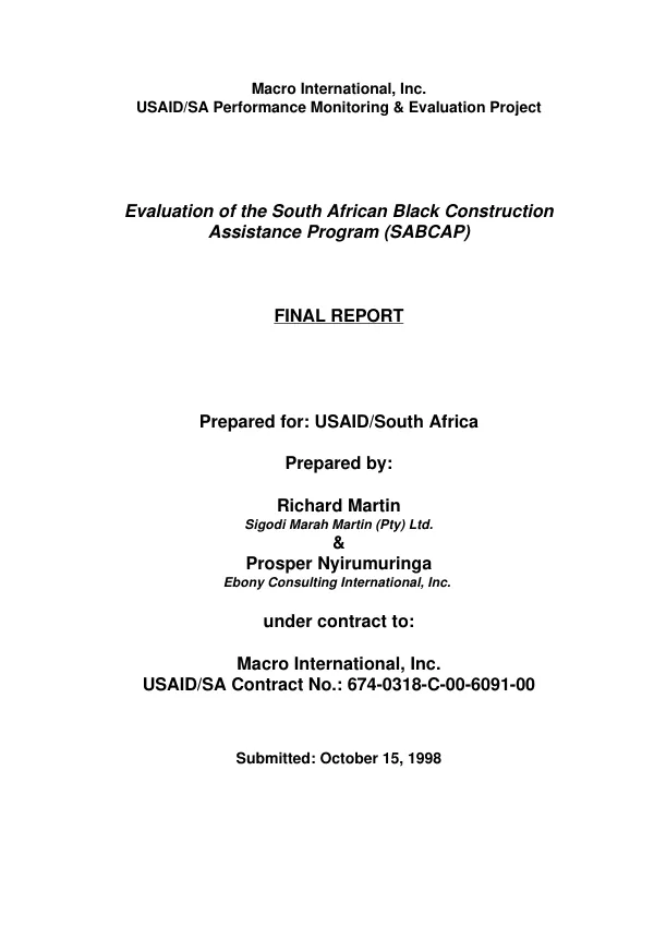 Evaluation of the South African Black Construction Assistance Program (SABCAP) : final report
