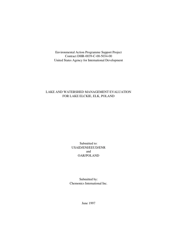Lake and watershed management evaluation for Lake Elckie, Elk, Poland