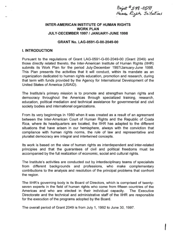 Inter-American Institute of Human Rights : work plan July-December 1997/January-June 1998 -- grant no. LAG-0591-G-00-2049-00