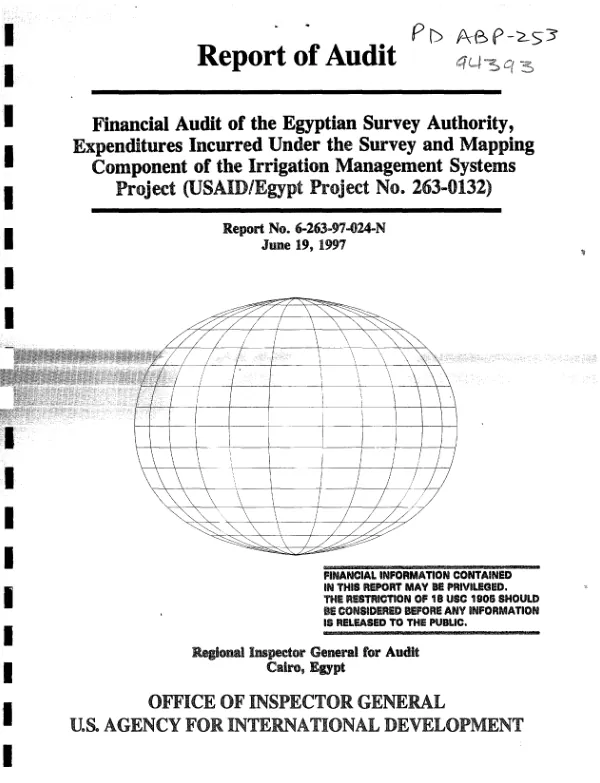 Financial audit of the Egyptian Survey Authority, expenditures incurred under the survey and mapping component of the irrigation management systems project (USAID/Egypt project no. 263-0132)