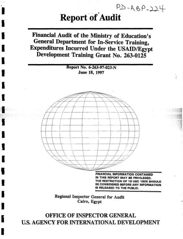 Financial audit of the Ministry of Education"s General Department for In-Service Training, expenditures incurred under the USAID/Egypt development training grant no. 263-0125