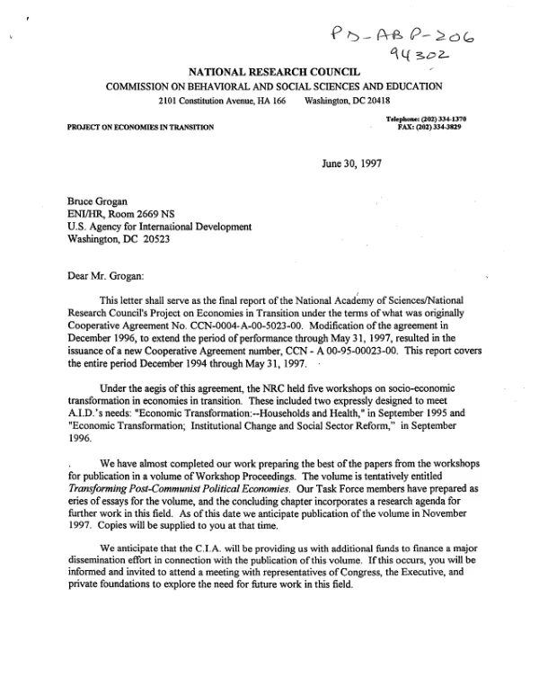 Final report of the National Academy of Sciences/National Research Council"s project on economies in transition : cooperative agreements CCN-0004-A-00-5023-00 and CCN-A-00-95-00023-00 -- December 1994-31 May 1997