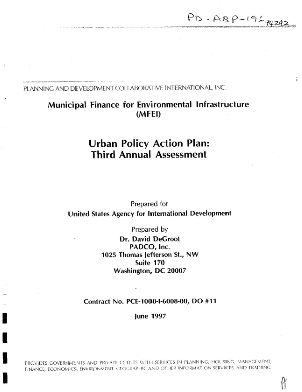 Municipal finance for environmental infrastructure (MFEI) -- urban policy action plan : third annual assessment