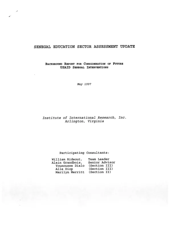 Senegal education sector assessment update : background report for consideration of future USAID Senegal interventions
