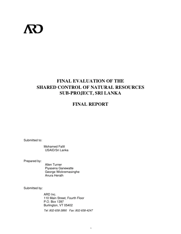 Sri Lanka : final evaluation of the shared control of natural resources [SCOR] sub-project -- final report