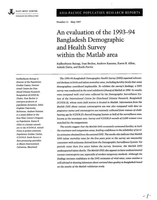 An evaluation of the 1993-94 Bangladesh demographic and health survey within the Matlab area