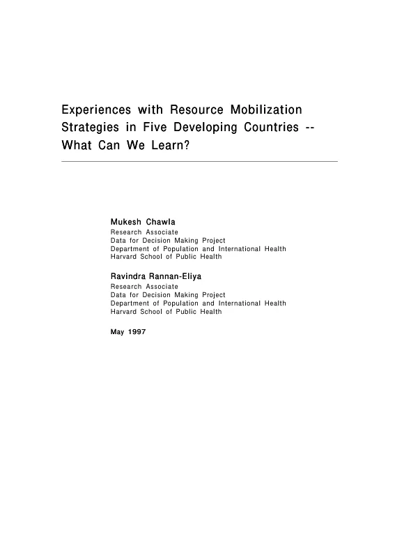 Experiences with resource mobilization strategies in five developing countries : what can we learn?