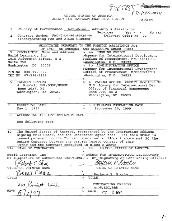 USAID contract no. FAO-I-00-96-90020-00 to World Learning, Inc. to support the TRANSIT-Europe (technical training for societies in transition project)
