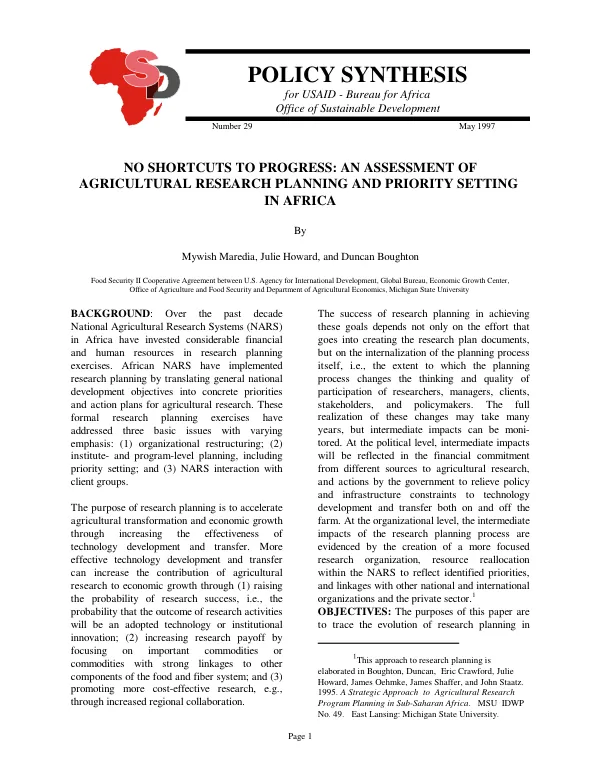 No shortcuts to progress : an assessment of agricultural research planning and priority setting in Africa