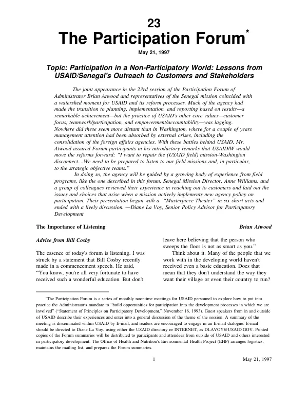 Participation in a non-participatory world : lessons from USAID/Senegal"s outreach to customers and stakeholders