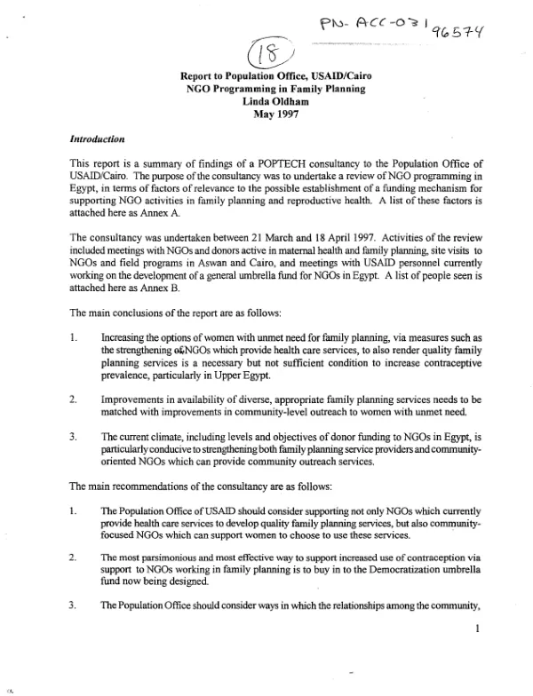 Report to Population Office, USAID/Cairo : NGO programming in family planning [-- summary]