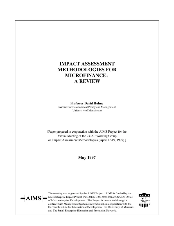 Impact assessment methodologies for microfinance : a review