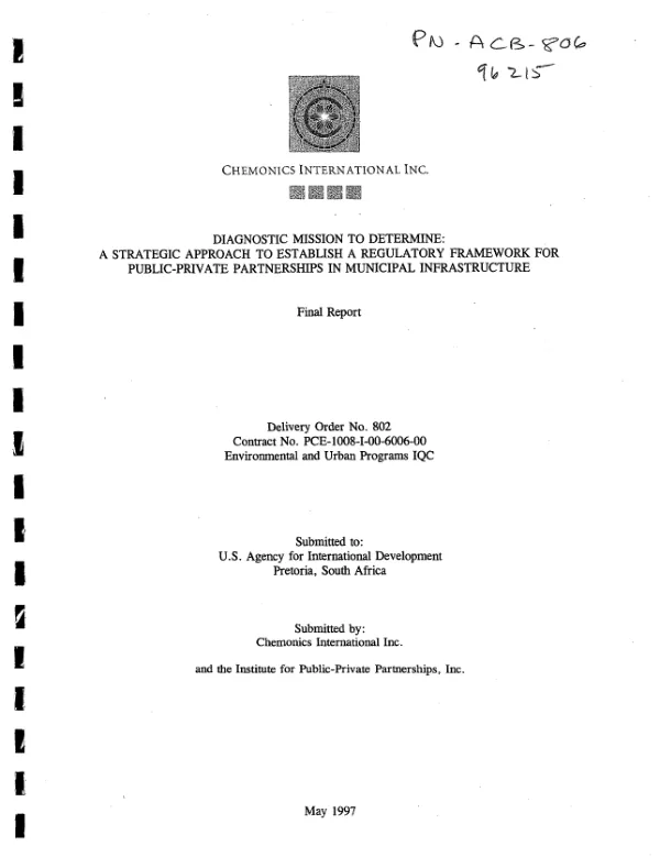 Diagnostic mission to determine : a strategic approach to establish a regulatory framework for public-private partnerships in municipal infrastructure : final report