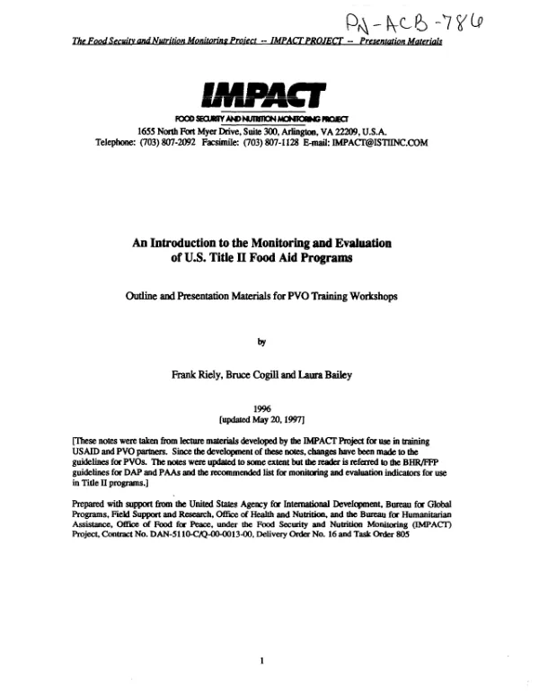 Introduction to the monitoring and evaluation of US Title II food aid programs : outline and presentation materials for PVO training workshops