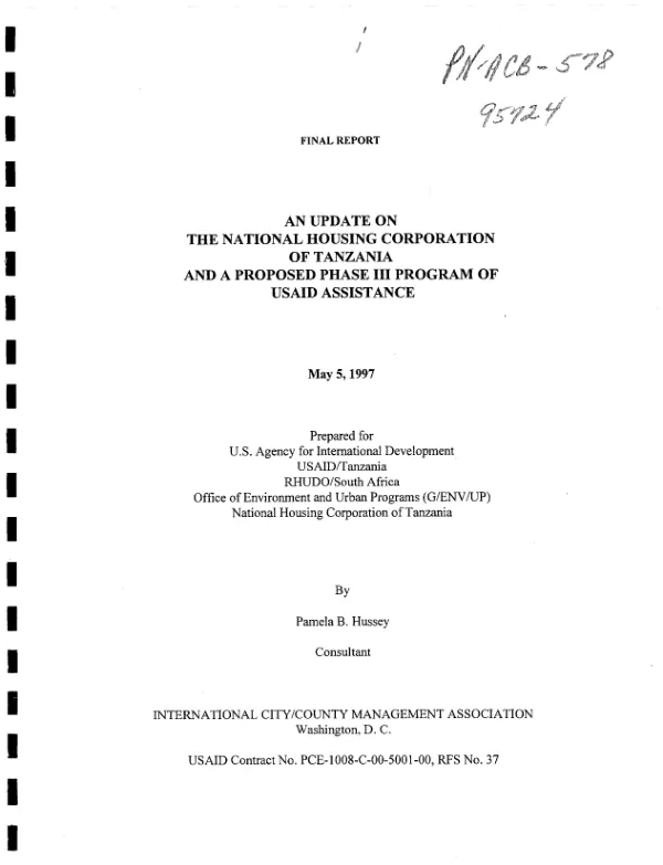 Update on the National Housing Corporation of Tanzania and a proposed phase III program of USAID assistance