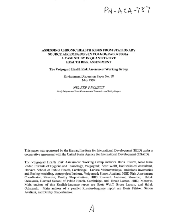 Assessing chronic health risks from stationary source air emissions in Volgograd, Russia : a case study in quantitative health risk assessment
