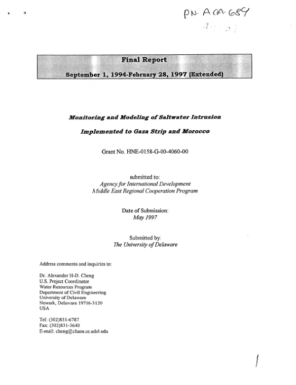 Final report : September 1, 1994-February 28, 1997 (extended) -- monitoring and modeling of saltwater intrusion implemented to [i.e. in the] Gaza Strip and Morocco : grant no. HNE-0158-G-00-4060-00