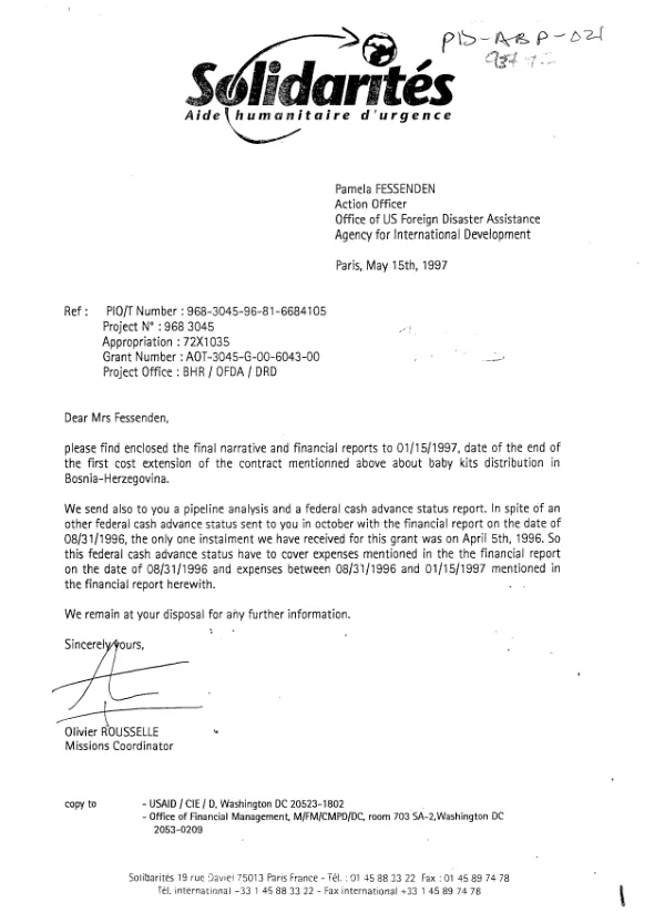 Final report : 0-12 months baby hygienic kit distribution in Ilida, Hadzici, Konjic and Jablanica -- cost extension from August 15th 1996 to January 15th 1997 : grant no. AOT-3045-G-00-6043-00