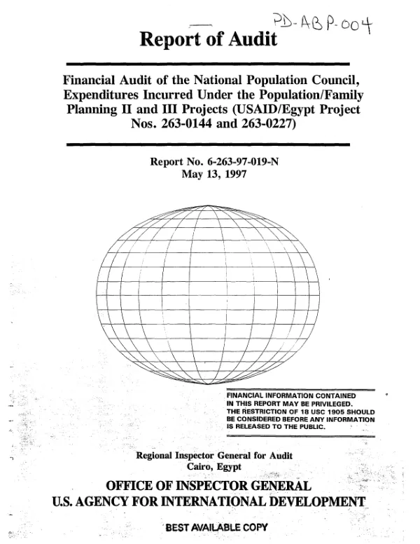 Financial audit of the National Population Council, expenditures incurred under the population/family planning II and III projects (USAID/Egypt project nos. 263-0144 and 263-0227)