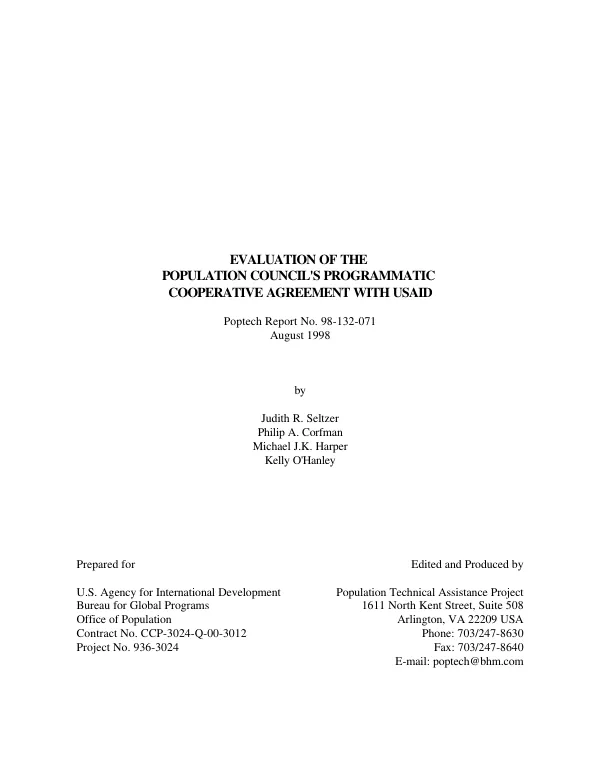 Evaluation of the Population Council's programmatic cooperative agreement with USAID