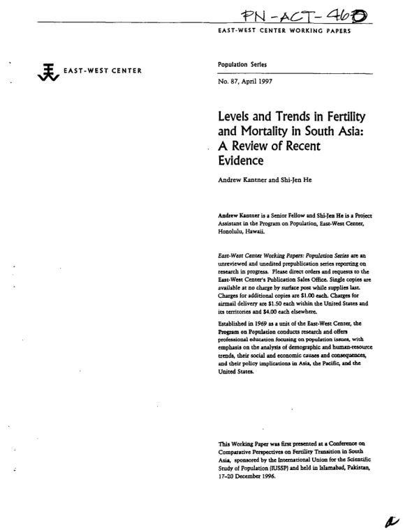 Levels and trends in fertility and mortality in South Asia : a review of recent evidence
