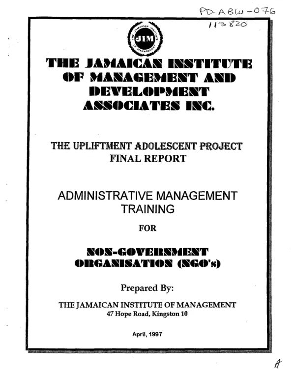 Upliftment adolescent [uplifting adolescents] project [UAP] : final report -- administrative management training for non-government organisations (NGO"s)