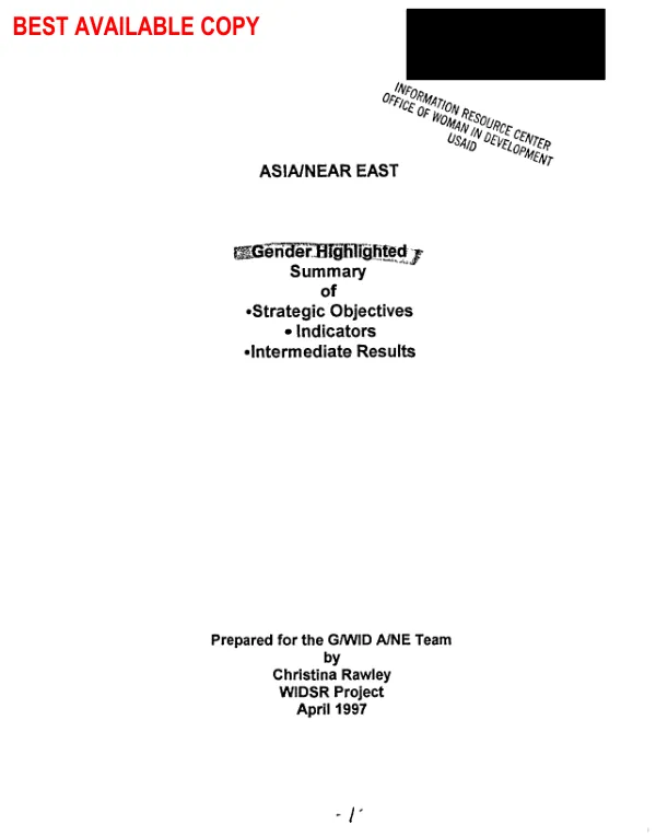Asia/Near East : gender highlighted summary of strategic objectives, indicators, intermediate results