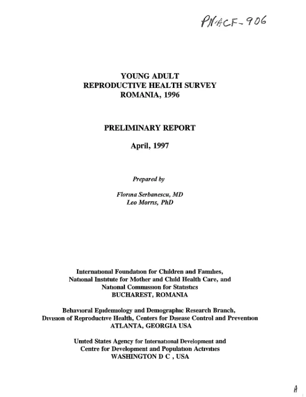 Young adult reproductive health survey Romania, 1996 : preliminary report